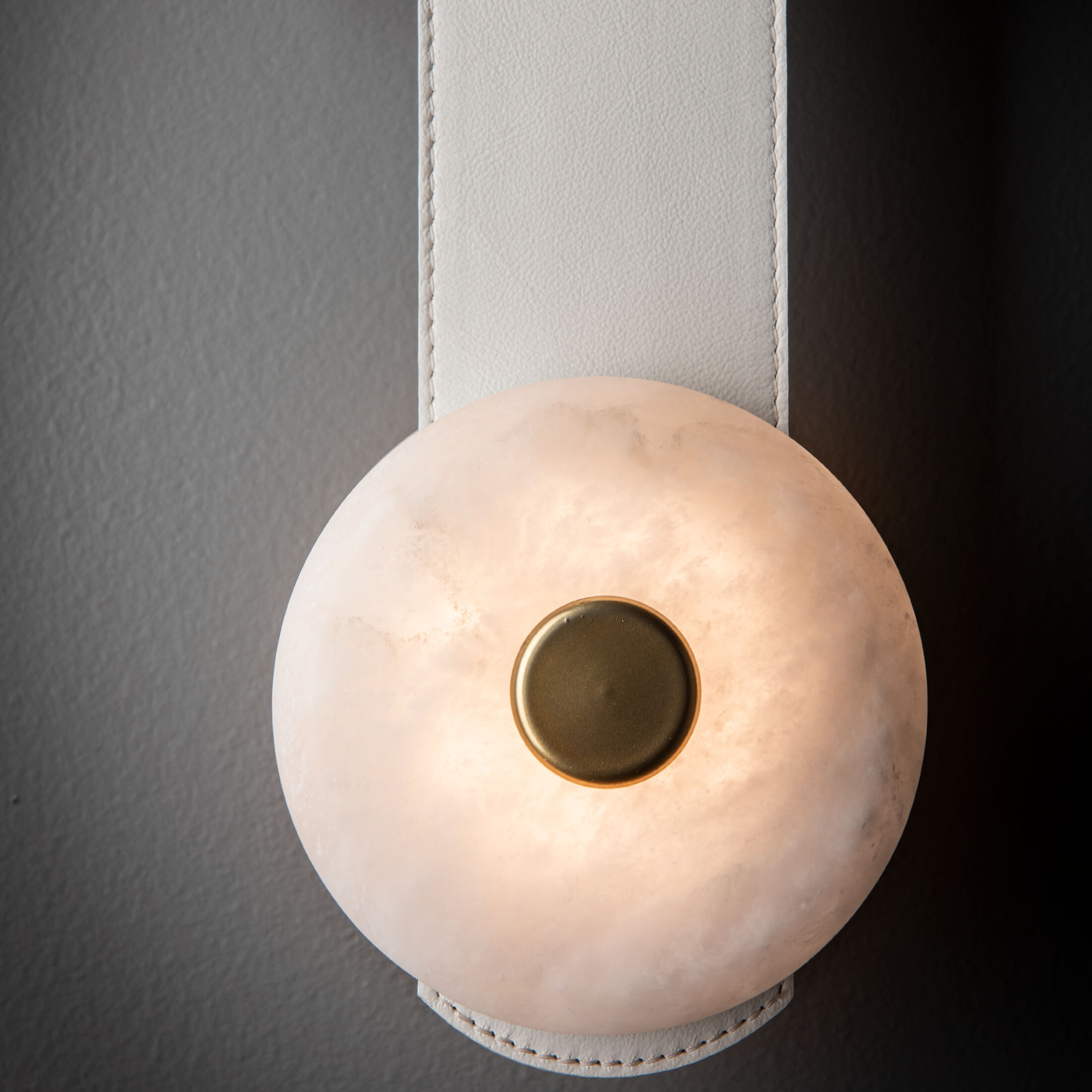 Art & Alchemy SNAPS LED 5.5 inch Modern Brass Sconce Wall Light in White Leather with Alabaster