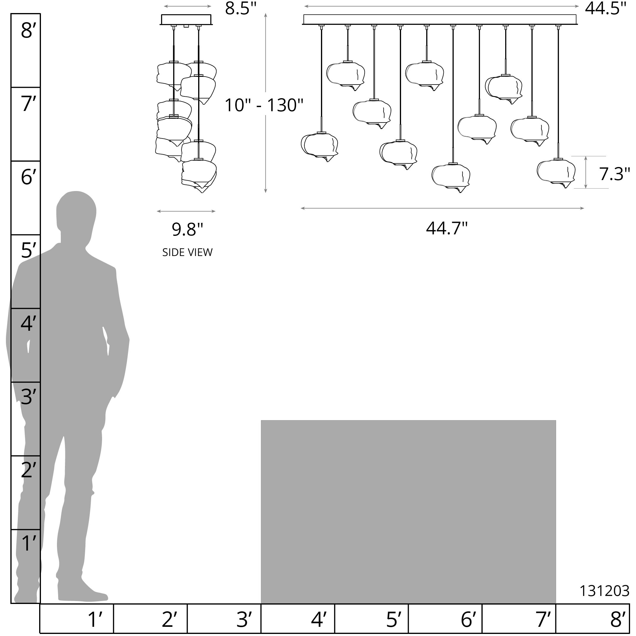 Ume 10 Light 44.7 inch Natural Iron Pendant Ceiling Light in Frosted, Rectangular
