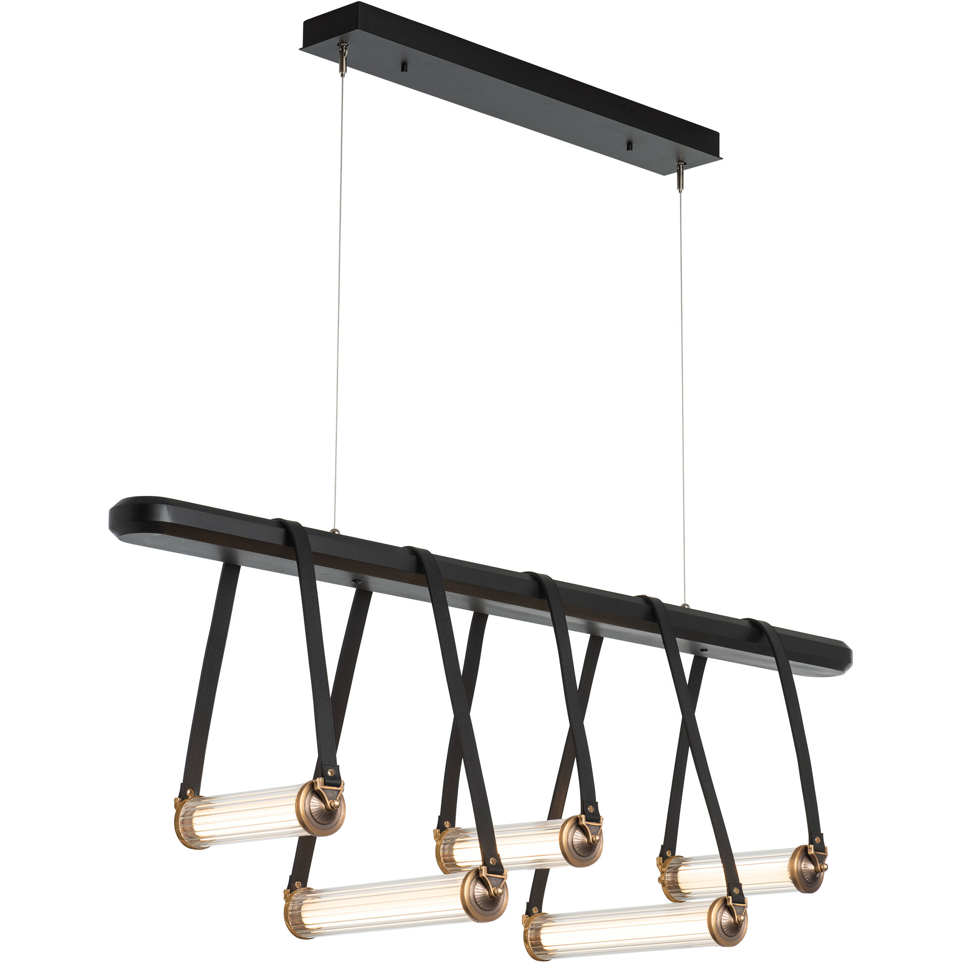 York LED 52 inch Black and Antique Brass Linear Pendant Ceiling Light in Leather Black/Black Wood, Black/Antique Brass