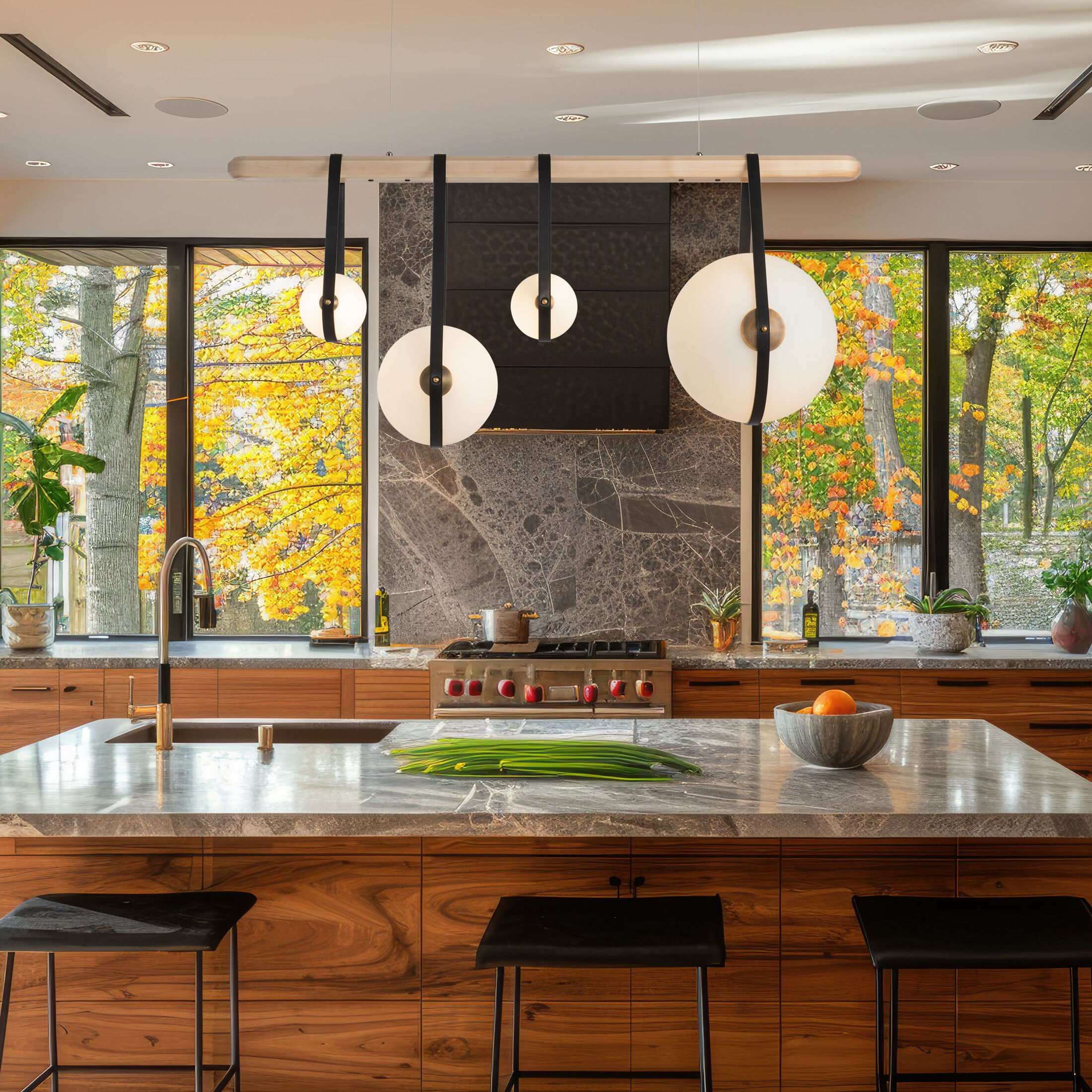 Derby LED 52 inch Black and Antique Brass Linear Pendant Ceiling Light in Black/Antique Brass, Black Leather with Maple Natural