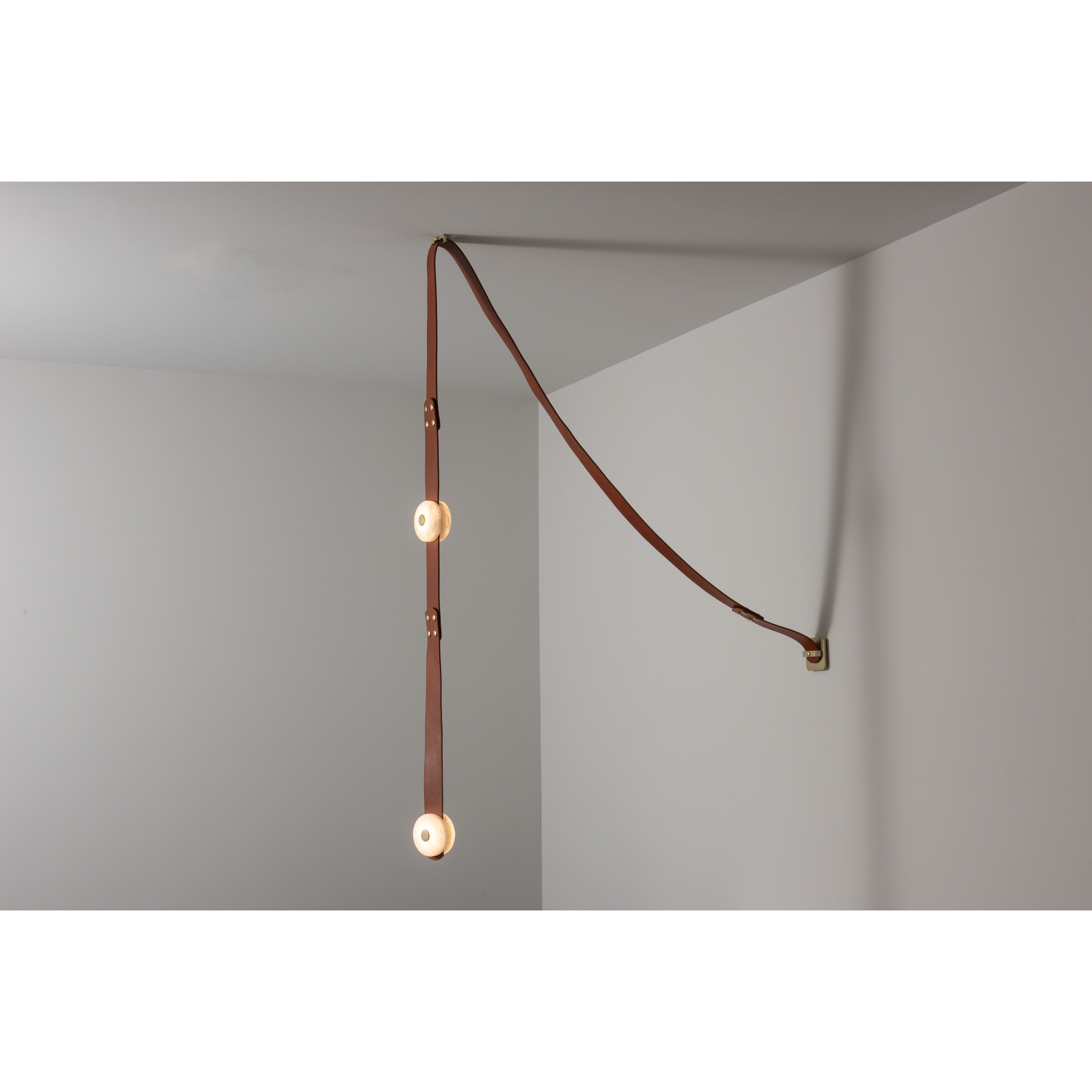 Art & Alchemy SNAPS LED 4 inch Modern Brass Pendant Ceiling Light in Chestnut Leather with Alabaster, Small