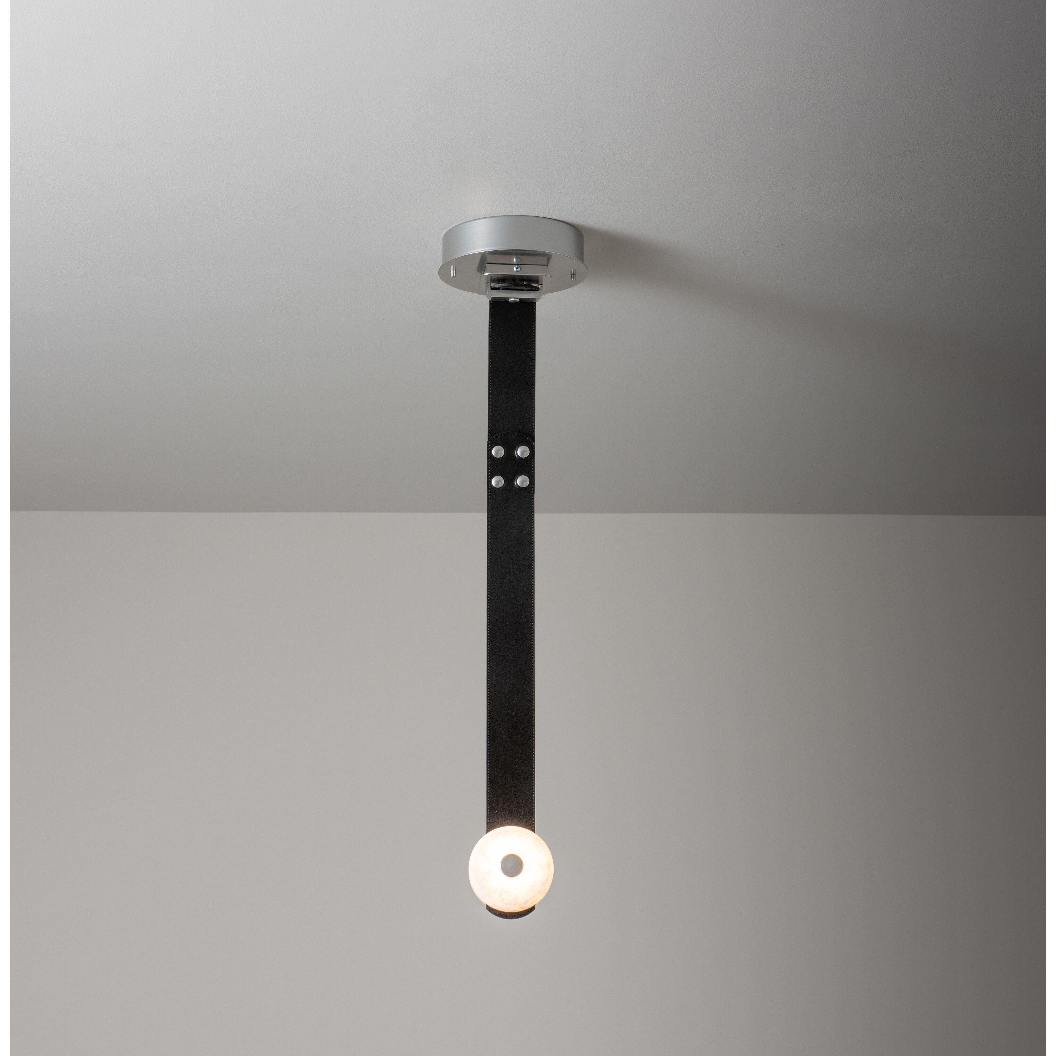 Art & Alchemy SNAPS LED 4 inch Modern Brass Pendant Ceiling Light in Chestnut Leather with Alabaster, Small