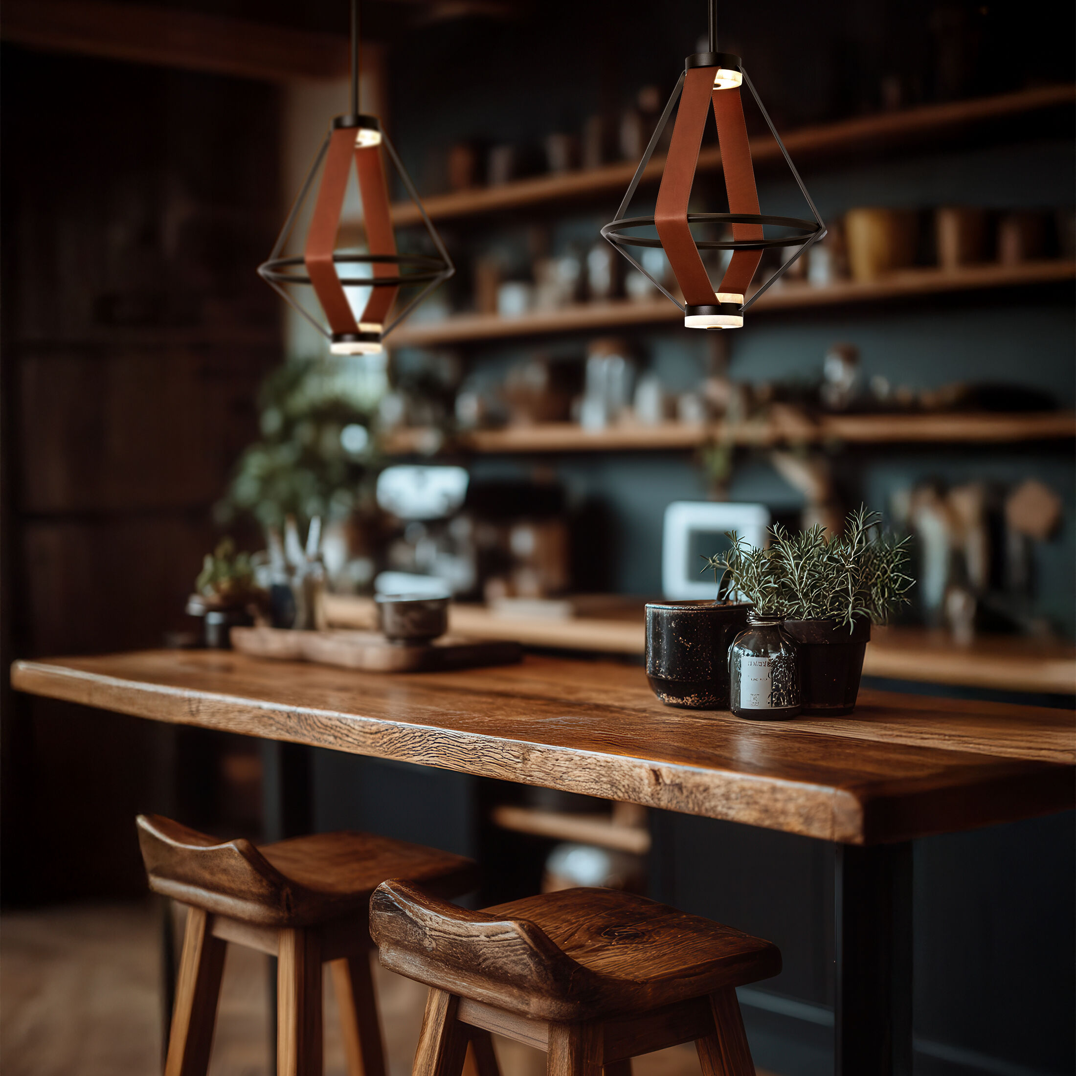 Art & Alchemy Aspen LED 16.6 inch Black Pendant Ceiling Light in Chestnut Leather with Alabaster