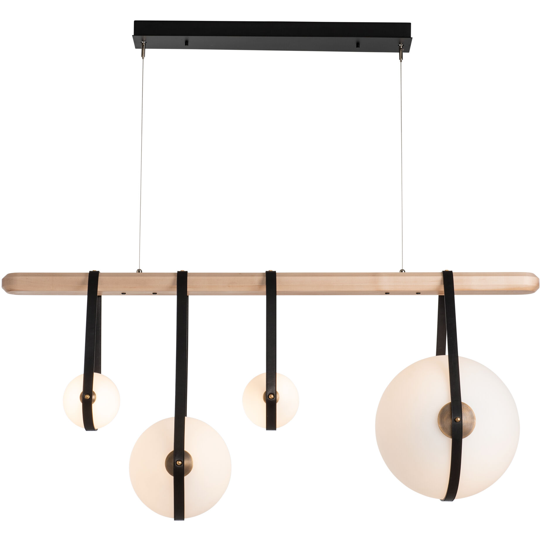 Derby LED 52 inch Black and Antique Brass Linear Pendant Ceiling Light in Black/Antique Brass, Black Leather with Maple Natural