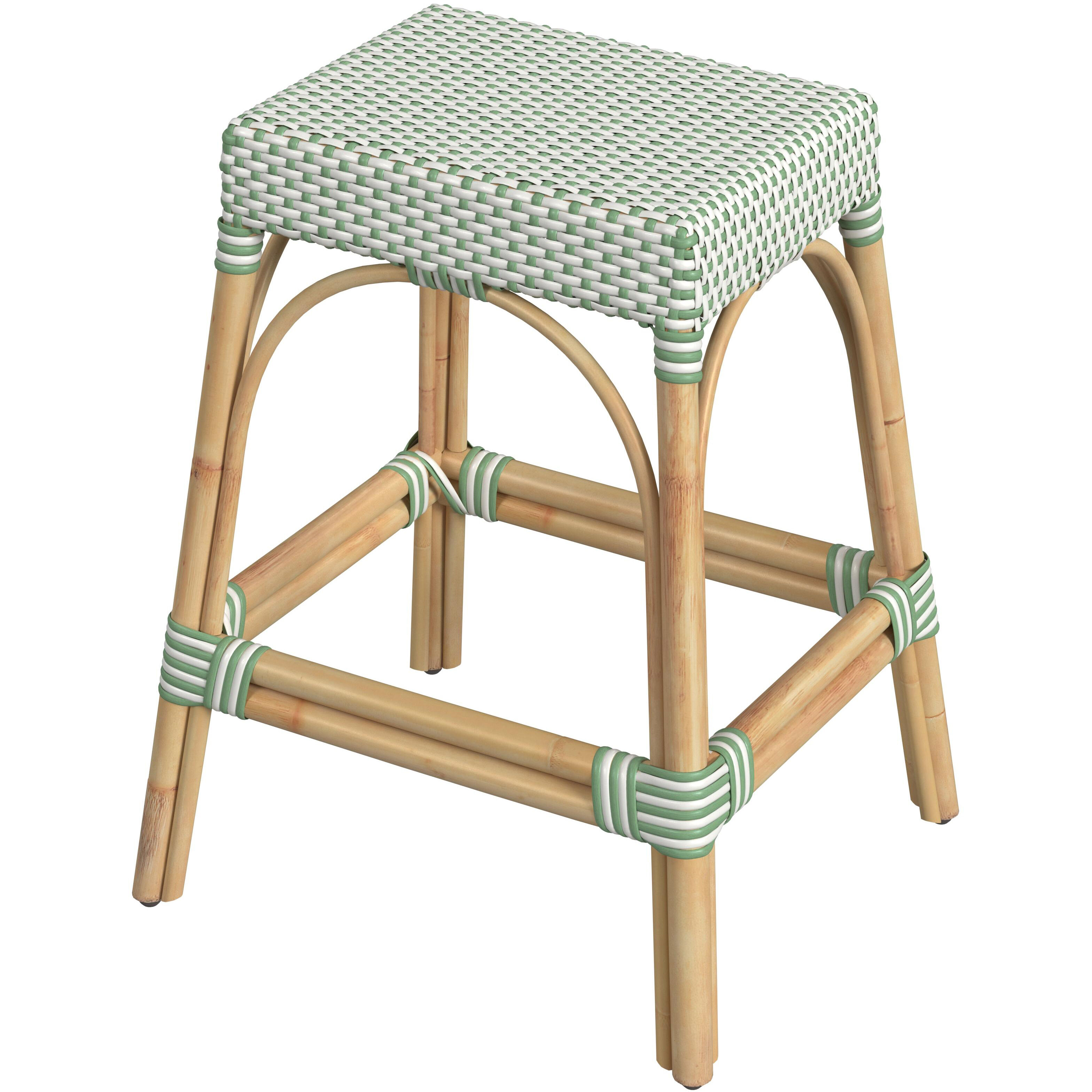 Robias Rectangular Rattan 24.5" Counter Stool in White and Green Dot