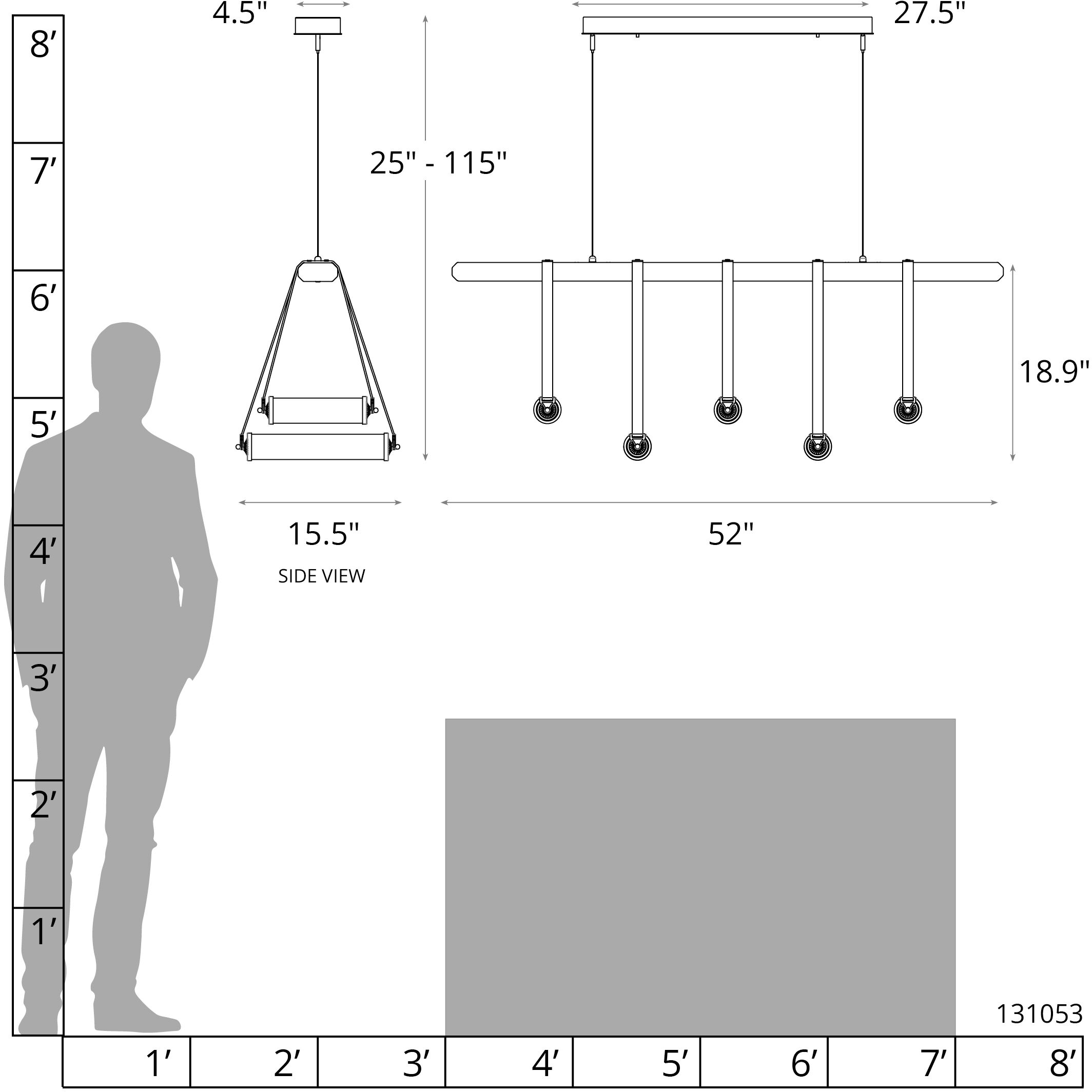 York LED 52 inch Black and Antique Brass Linear Pendant Ceiling Light in Black/Antique Brass, Black Leather with Maple Natural