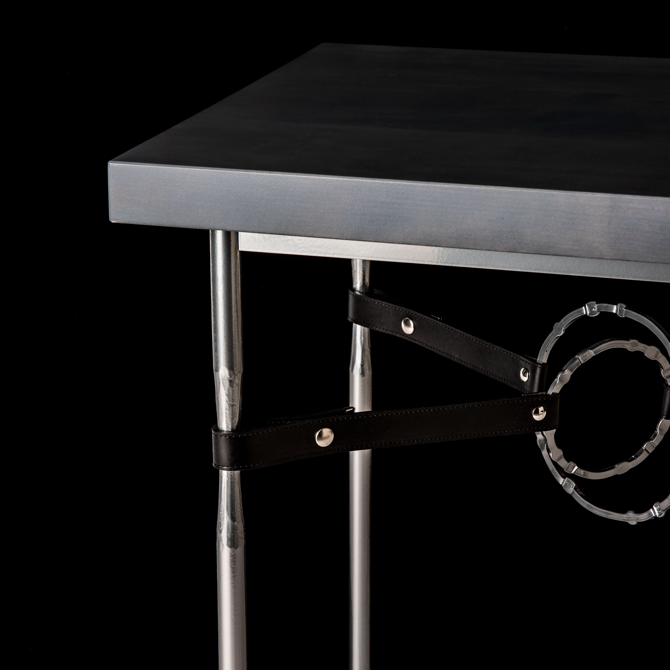 Equus 26.1 X 22 inch Sterling and Sterling Side Table in Black Leather with Maple Grey, Wood Top