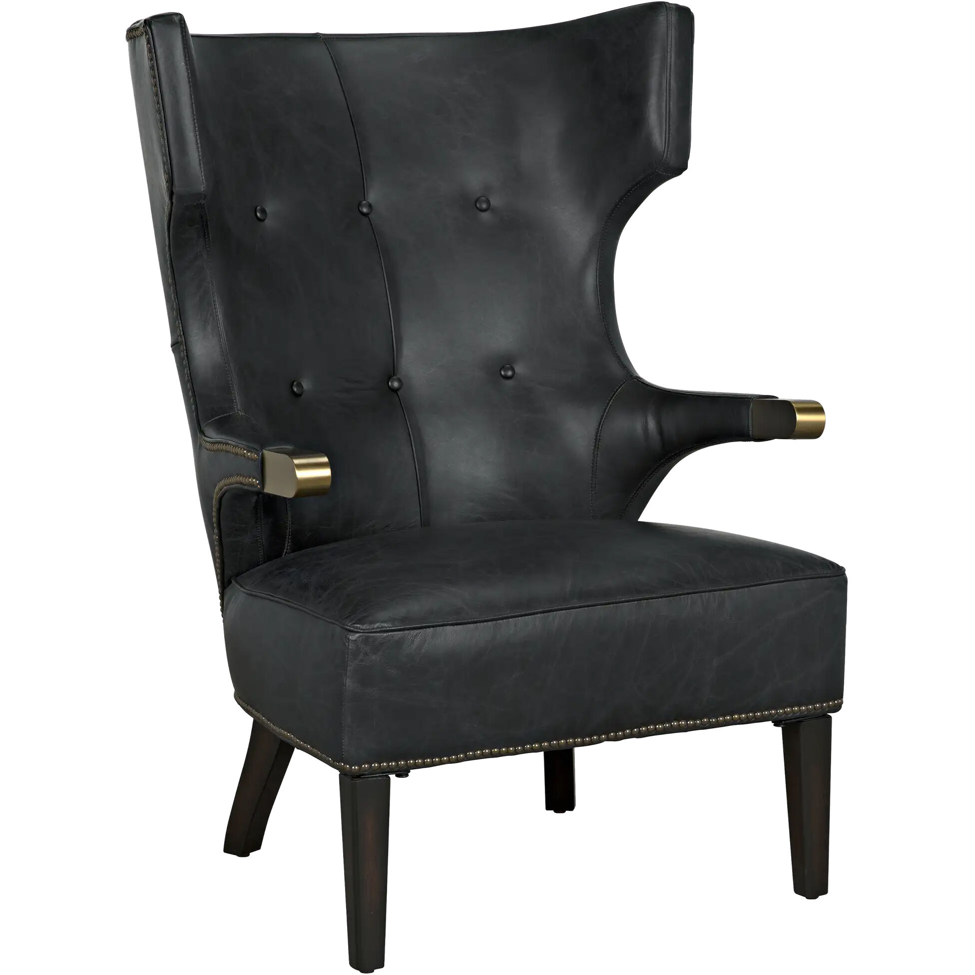 Heracles Black Leather, Antique Brass and Dark Walnut Occasional Chair