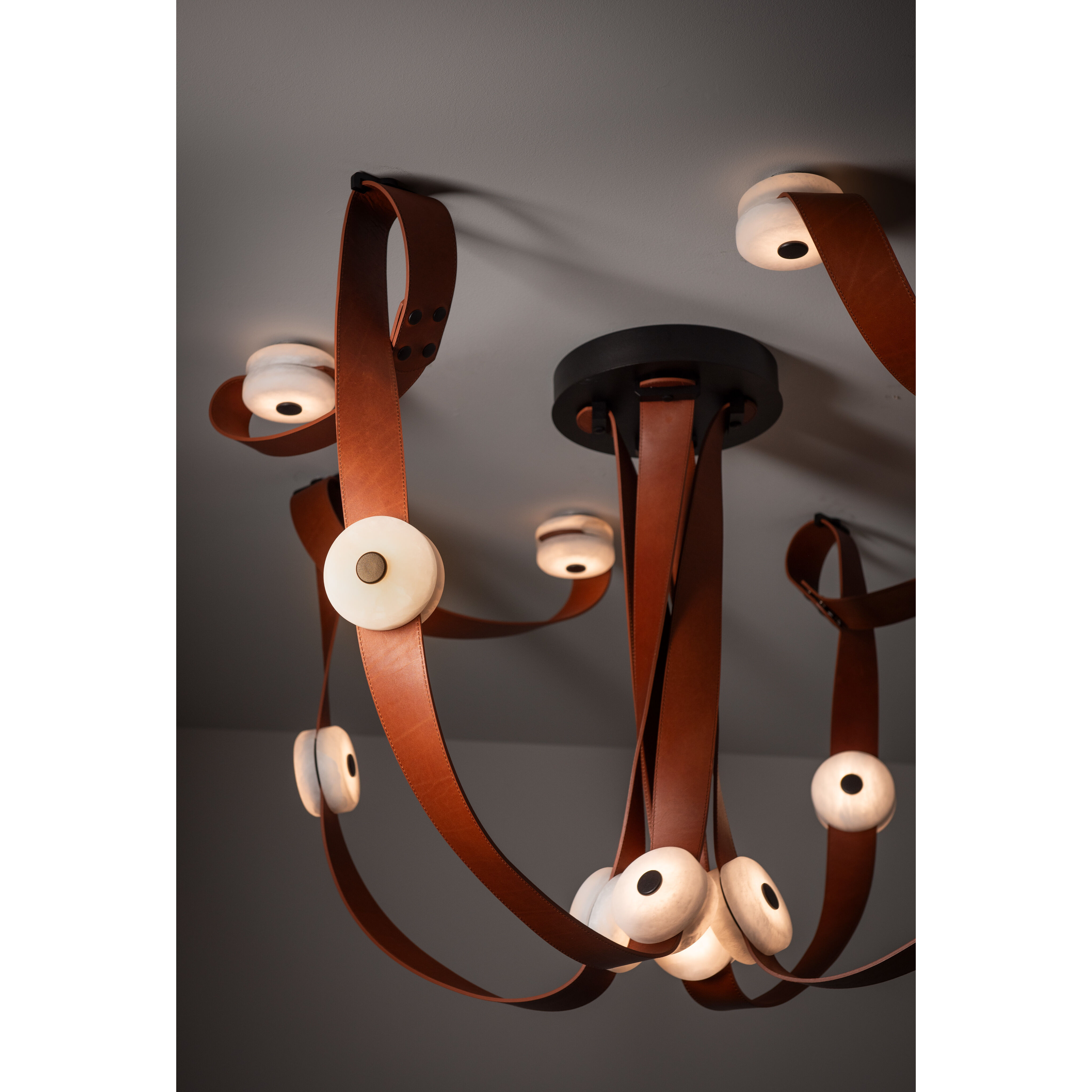 Art & Alchemy SNAPS LED 86.5 inch White Pendant Ceiling Light in White Leather with Alabaster, Large