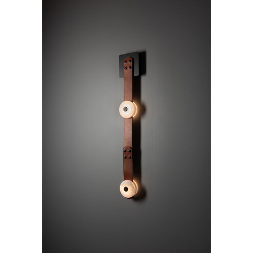 Art & Alchemy SNAPS LED 5.5 inch Modern Brass Sconce Wall Light in Chestnut Leather with Alabaster