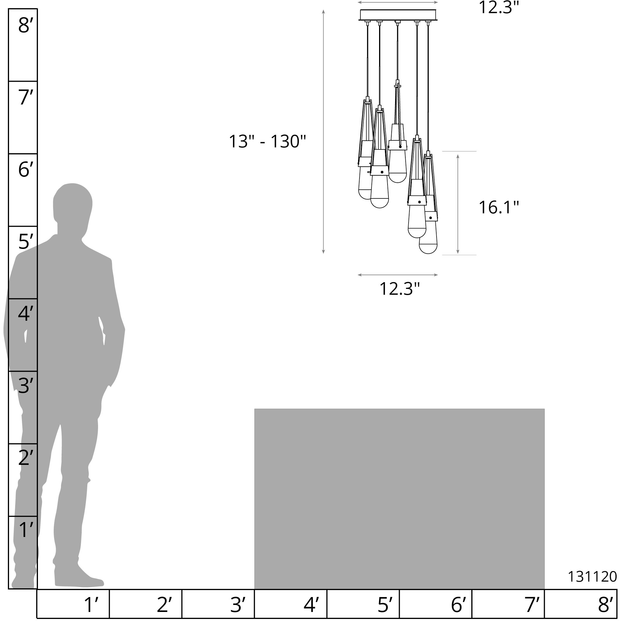 Link 5 Light 13 inch Modern Brass Mini Pendant Ceiling Light in Clear with White Threading