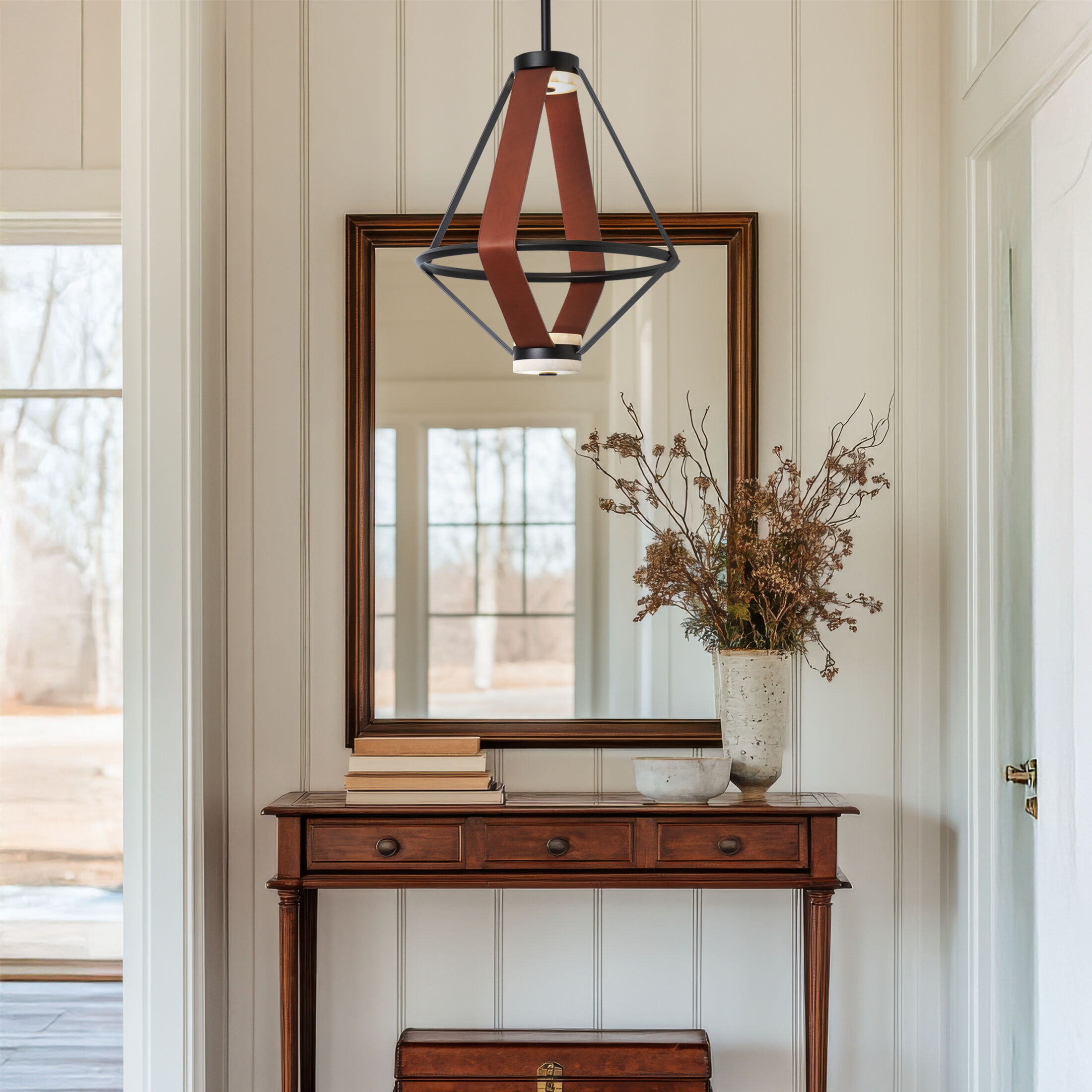 Art & Alchemy Aspen LED 16.6 inch Black Pendant Ceiling Light in Chestnut Leather with Alabaster