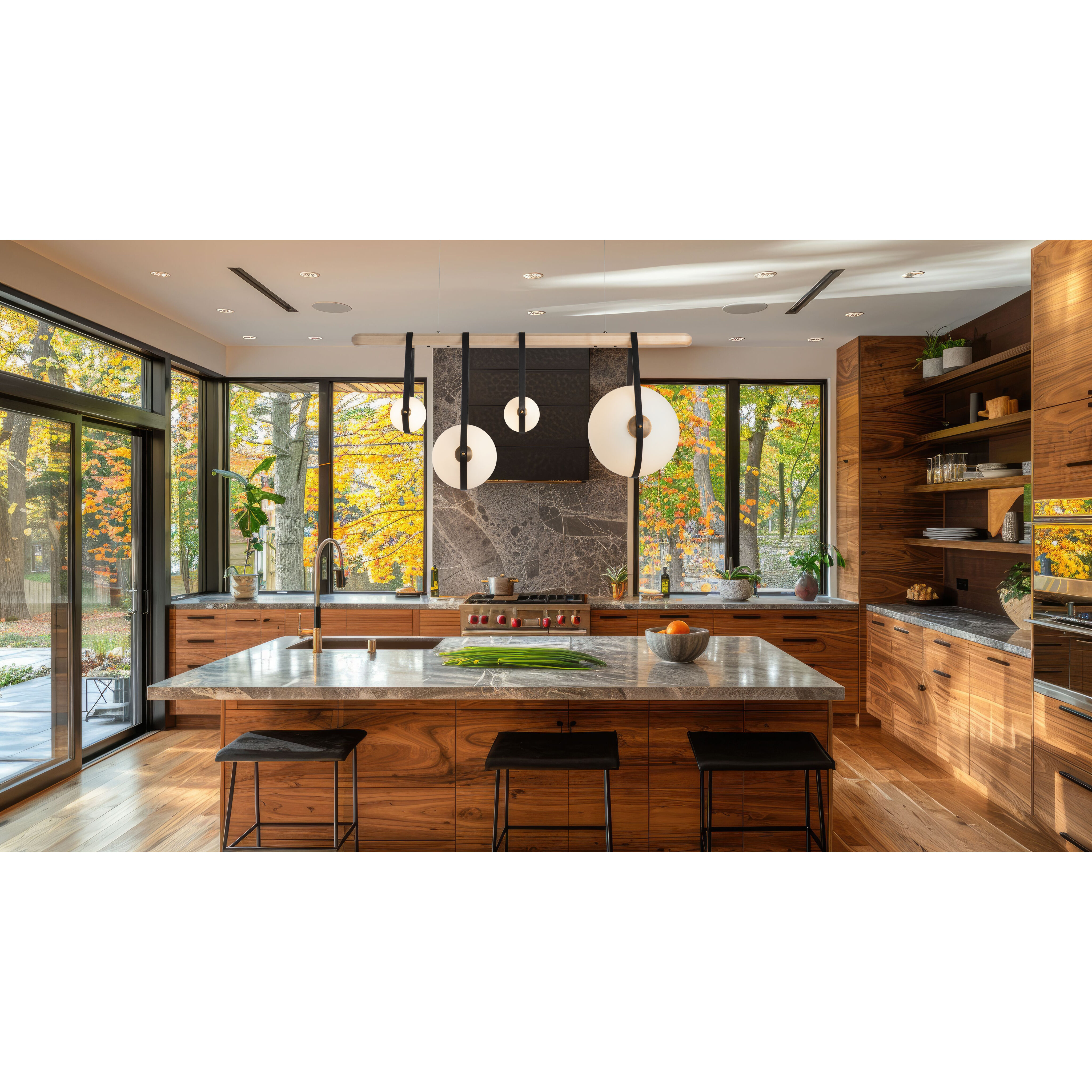 Derby LED 52 inch Black and Antique Brass Linear Pendant Ceiling Light in Black/Antique Brass, Black Leather with Maple Natural