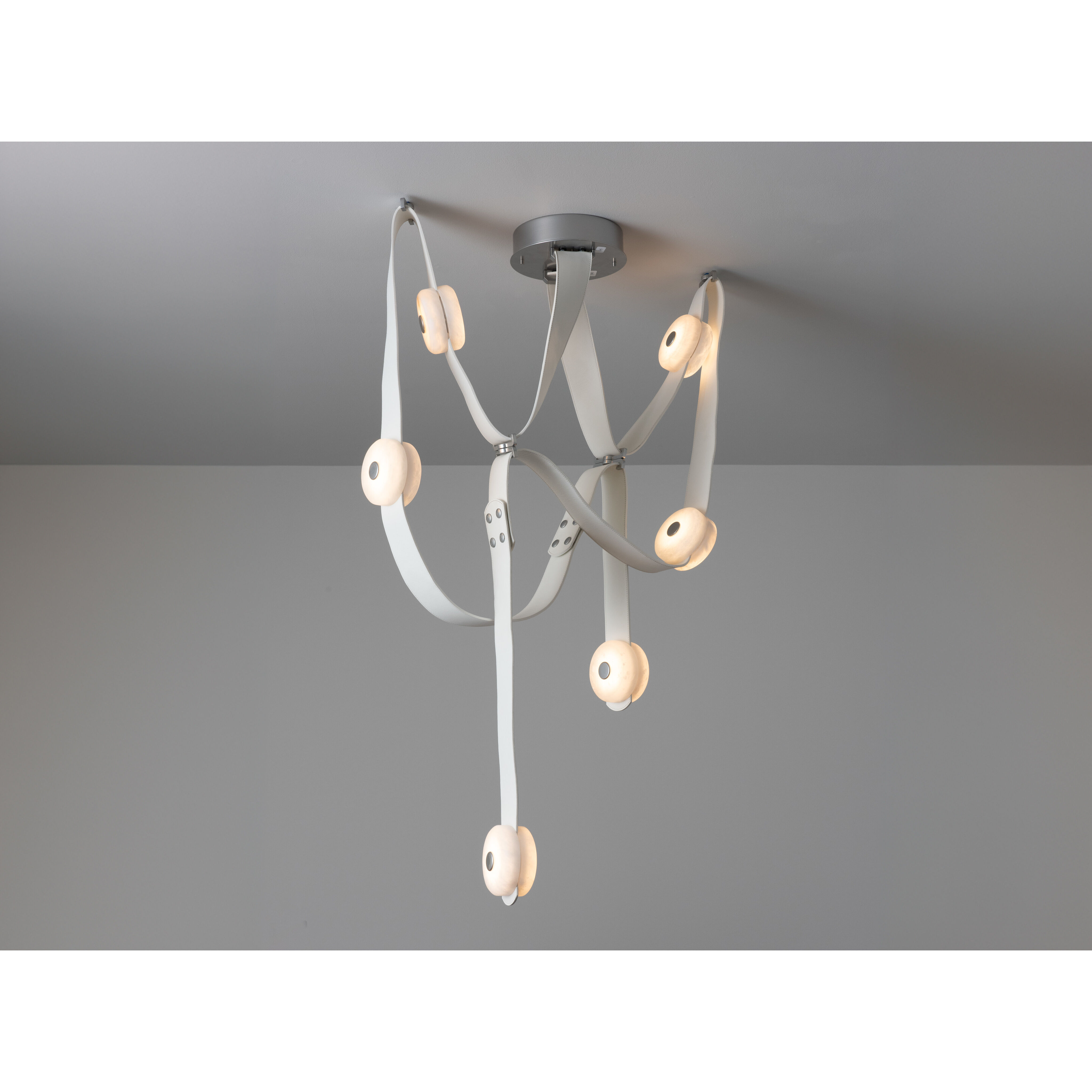 Art & Alchemy SNAPS LED 58 inch White Pendant Ceiling Light in Chestnut Leather with Alabaster, Medium