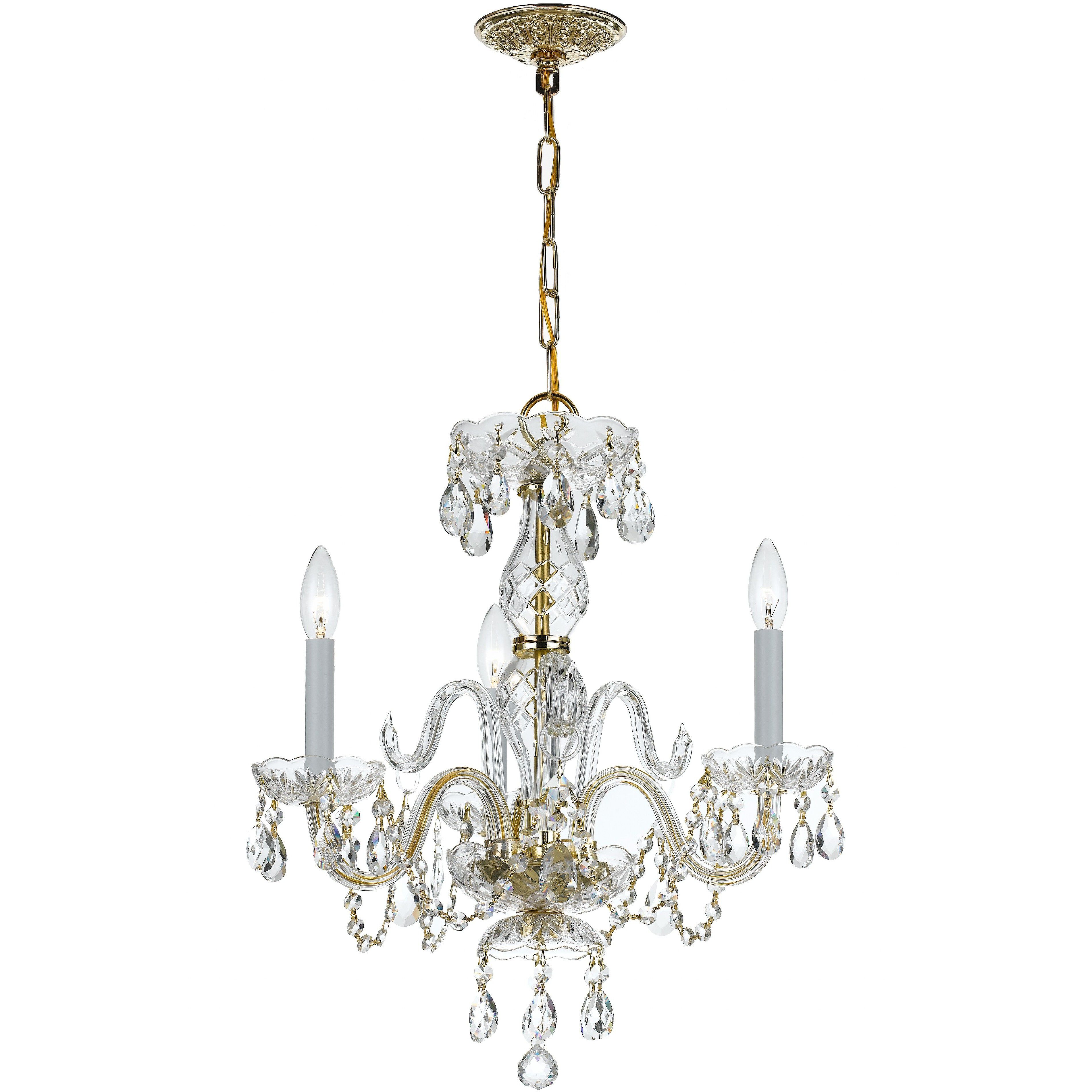 Traditional Crystal 3 Light 16 inch Polished Brass Mini Chandelier Ceiling Light in Clear Hand Cut
