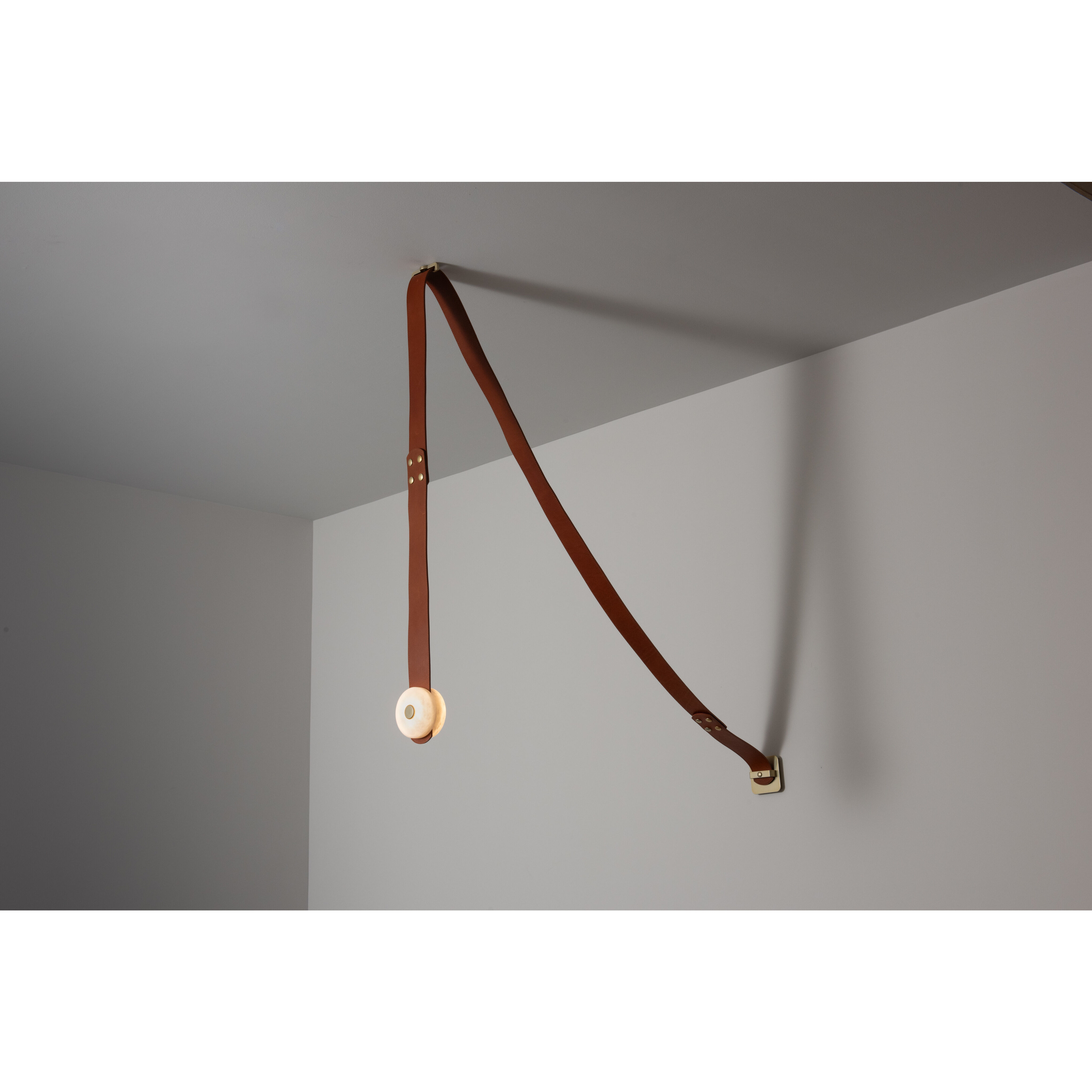 Art & Alchemy SNAPS LED 4 inch Modern Brass Pendant Ceiling Light in Chestnut Leather with Alabaster, Small