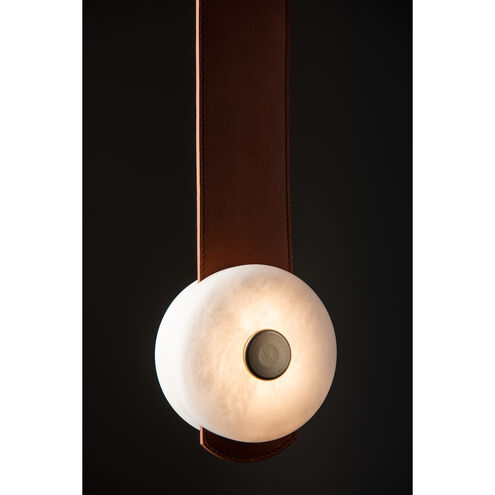 Art & Alchemy SNAPS LED 4 inch Modern Brass Pendant Ceiling Light in Chestnut Leather with Alabaster, Small