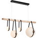 Derby LED 52 inch Black and Antique Brass Linear Pendant Ceiling Light in Black/Antique Brass, Black Leather with Maple Natural