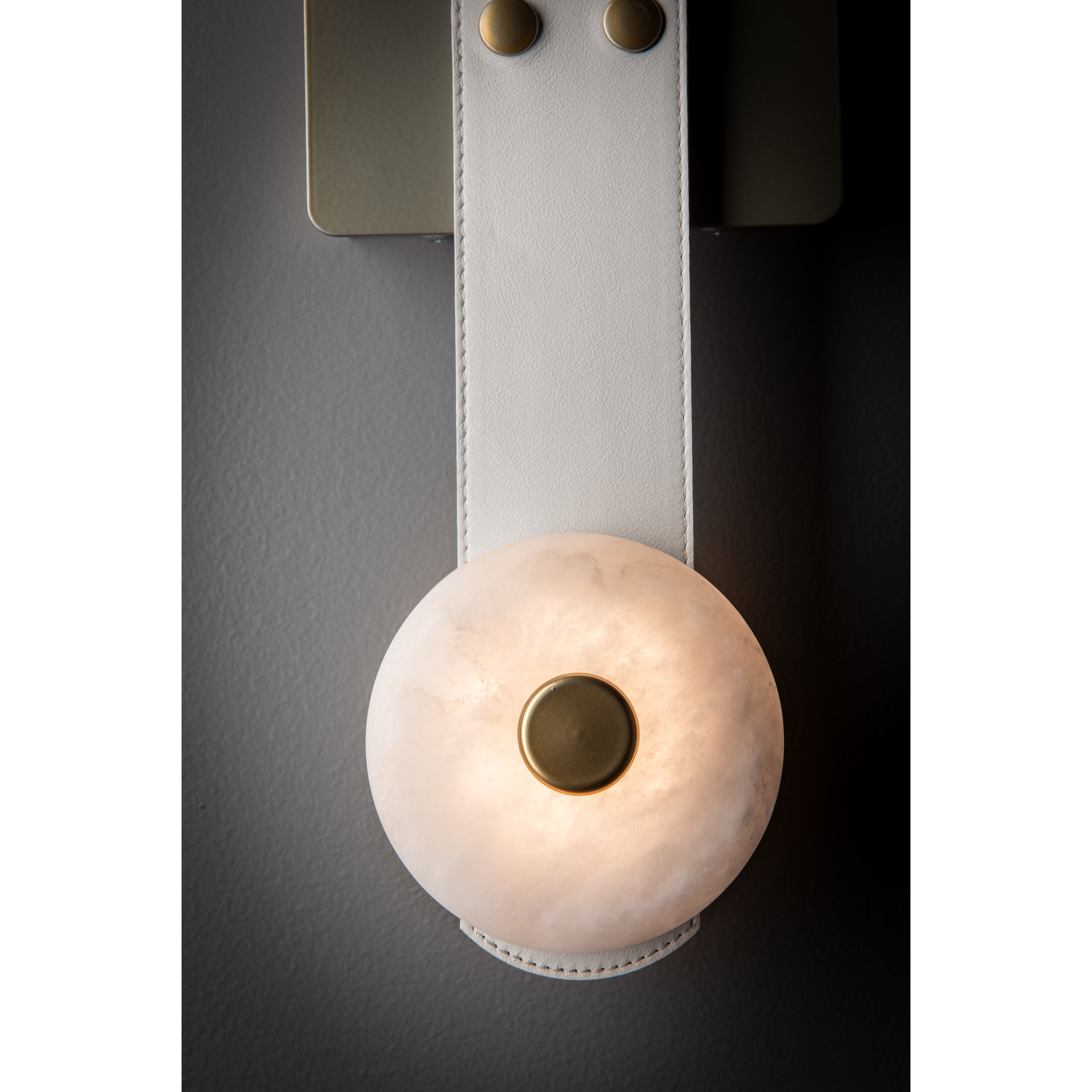 Art & Alchemy SNAPS LED 5.5 inch Modern Brass Sconce Wall Light in White Leather with Alabaster