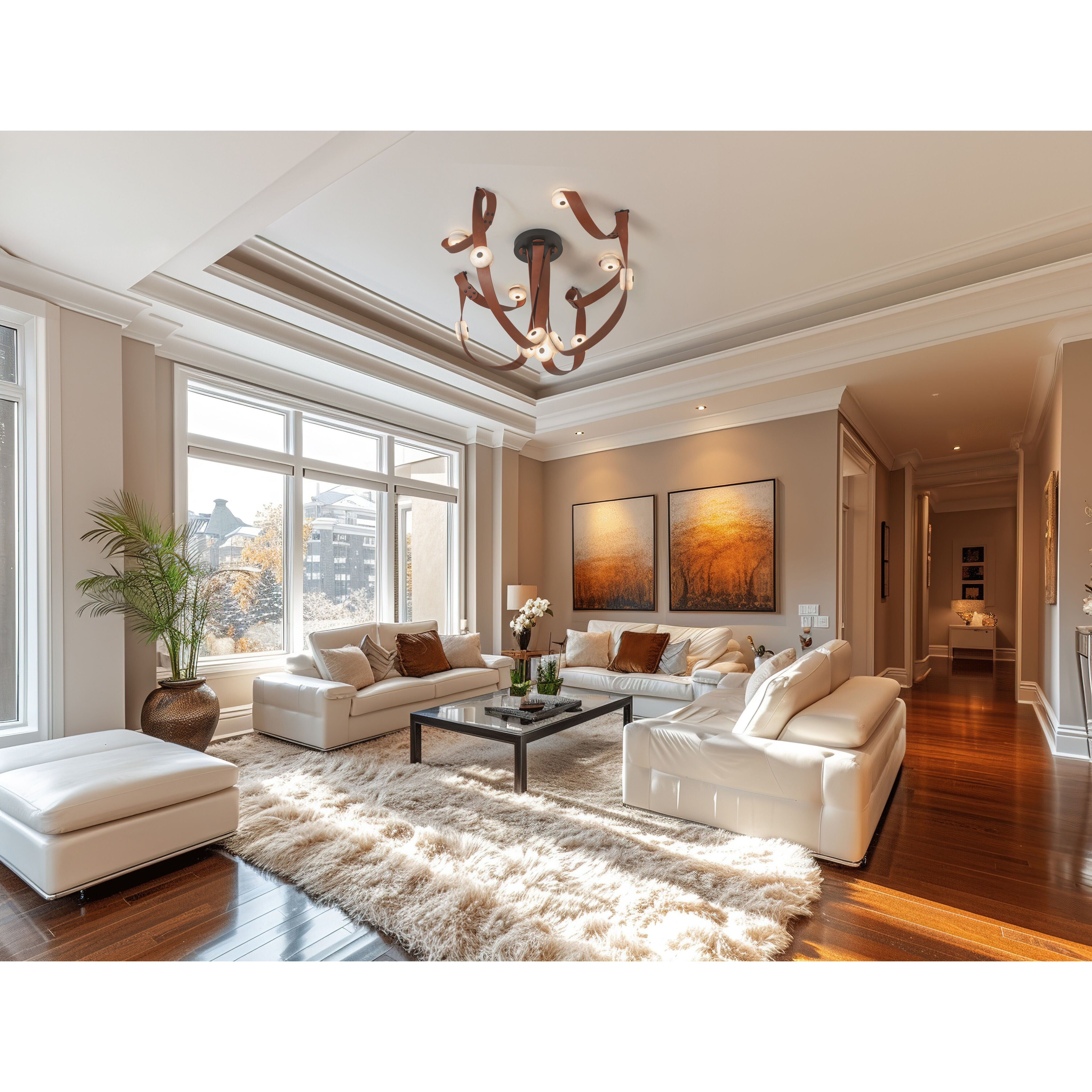 Art & Alchemy SNAPS LED 86.5 inch White Pendant Ceiling Light in White Leather with Alabaster, Large