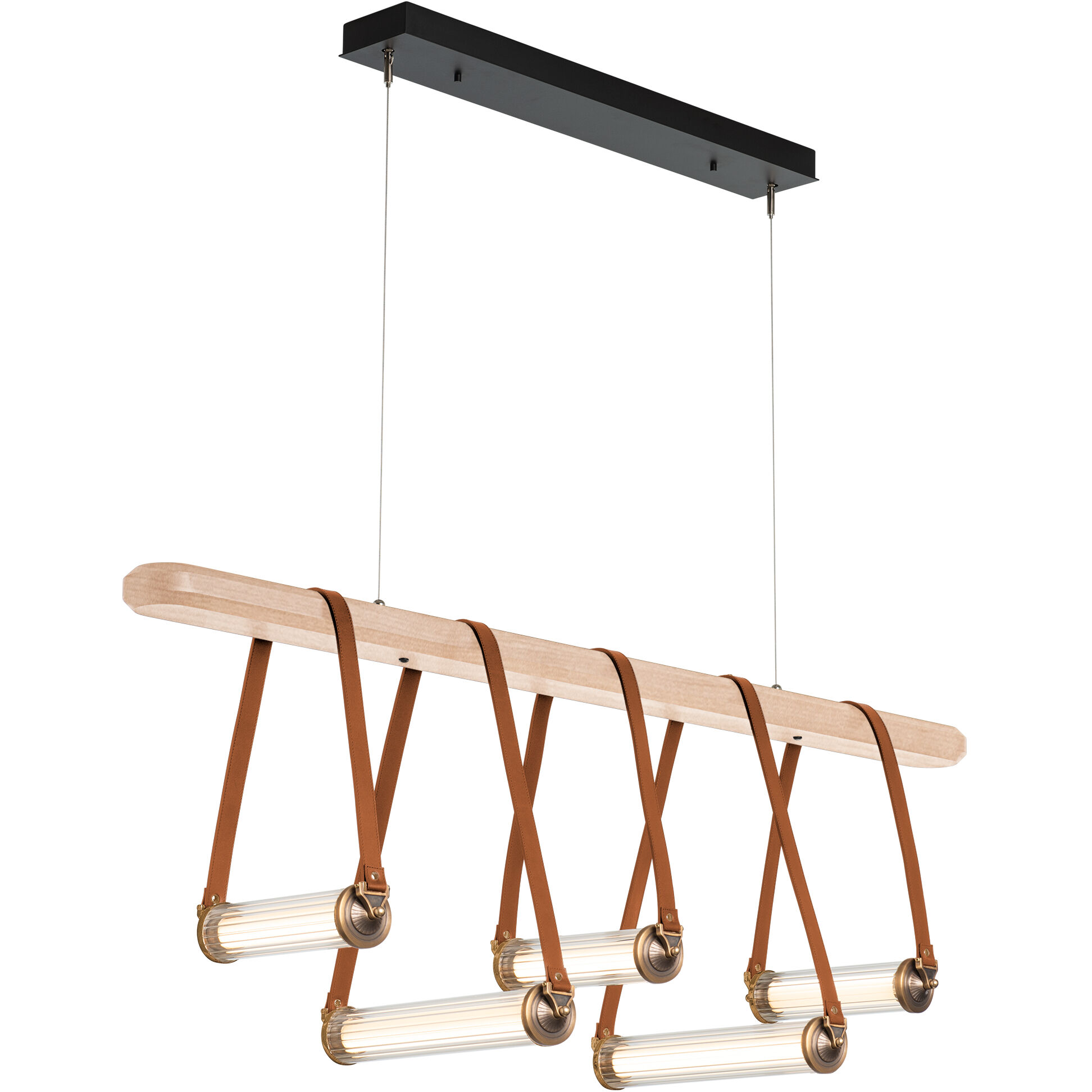 York LED 52 inch Black and Antique Brass Linear Pendant Ceiling Light in Black/Antique Brass, Chestnut Leather with Maple Natural