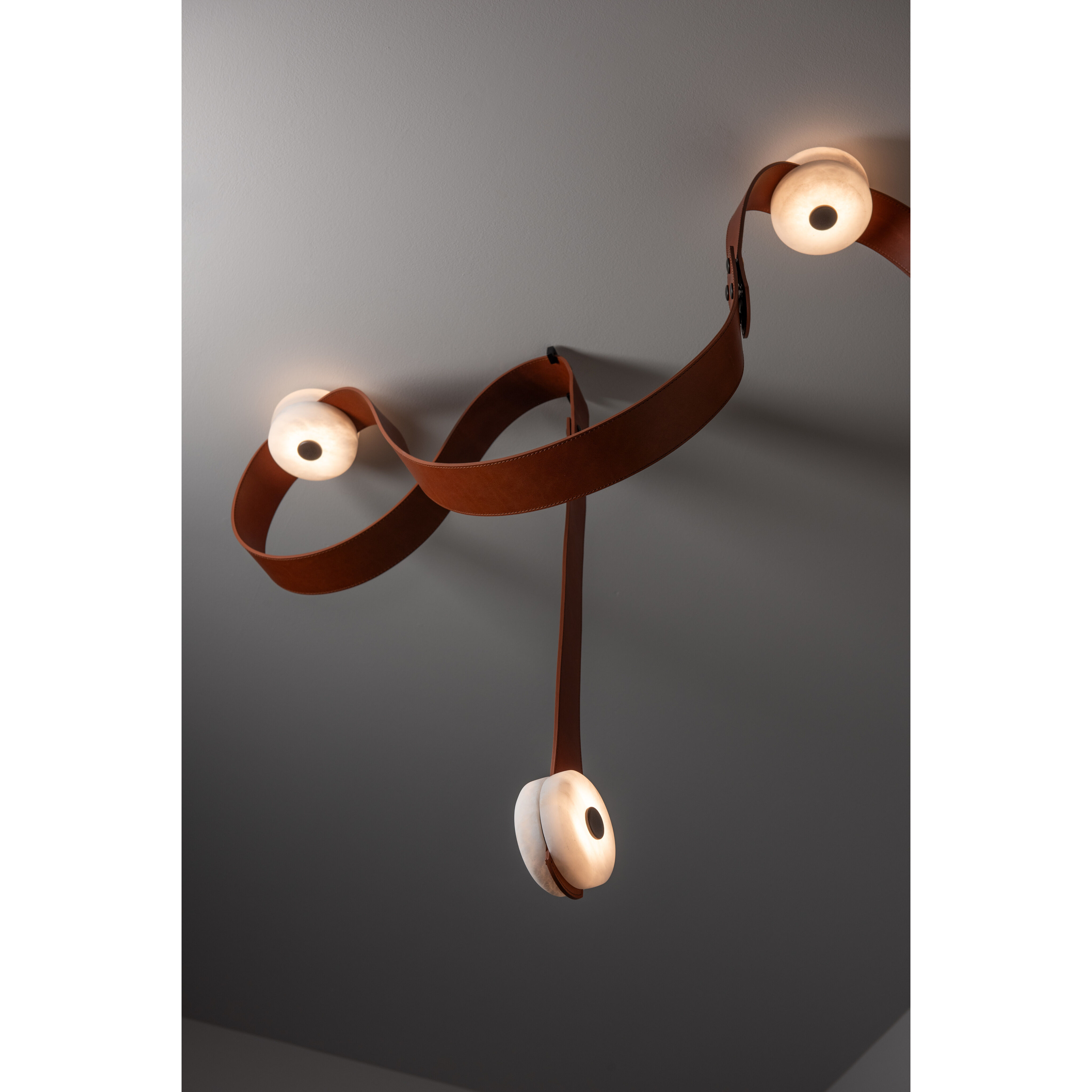 Art & Alchemy SNAPS LED 36 inch White Floor-to-Ceiling Plug-in Lamp Ceiling Light in Black Leather with Alabaster