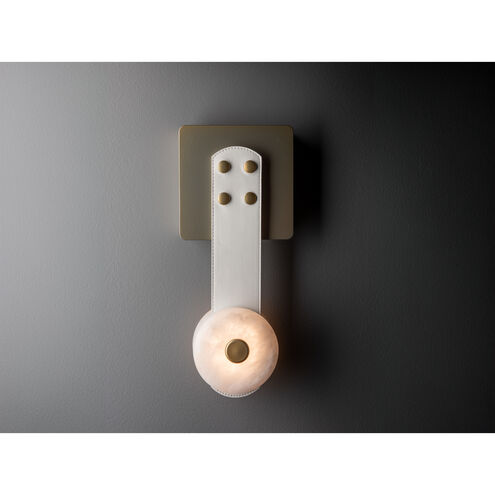 Art & Alchemy SNAPS LED 5.5 inch Modern Brass Sconce Wall Light in Chestnut Leather with Alabaster