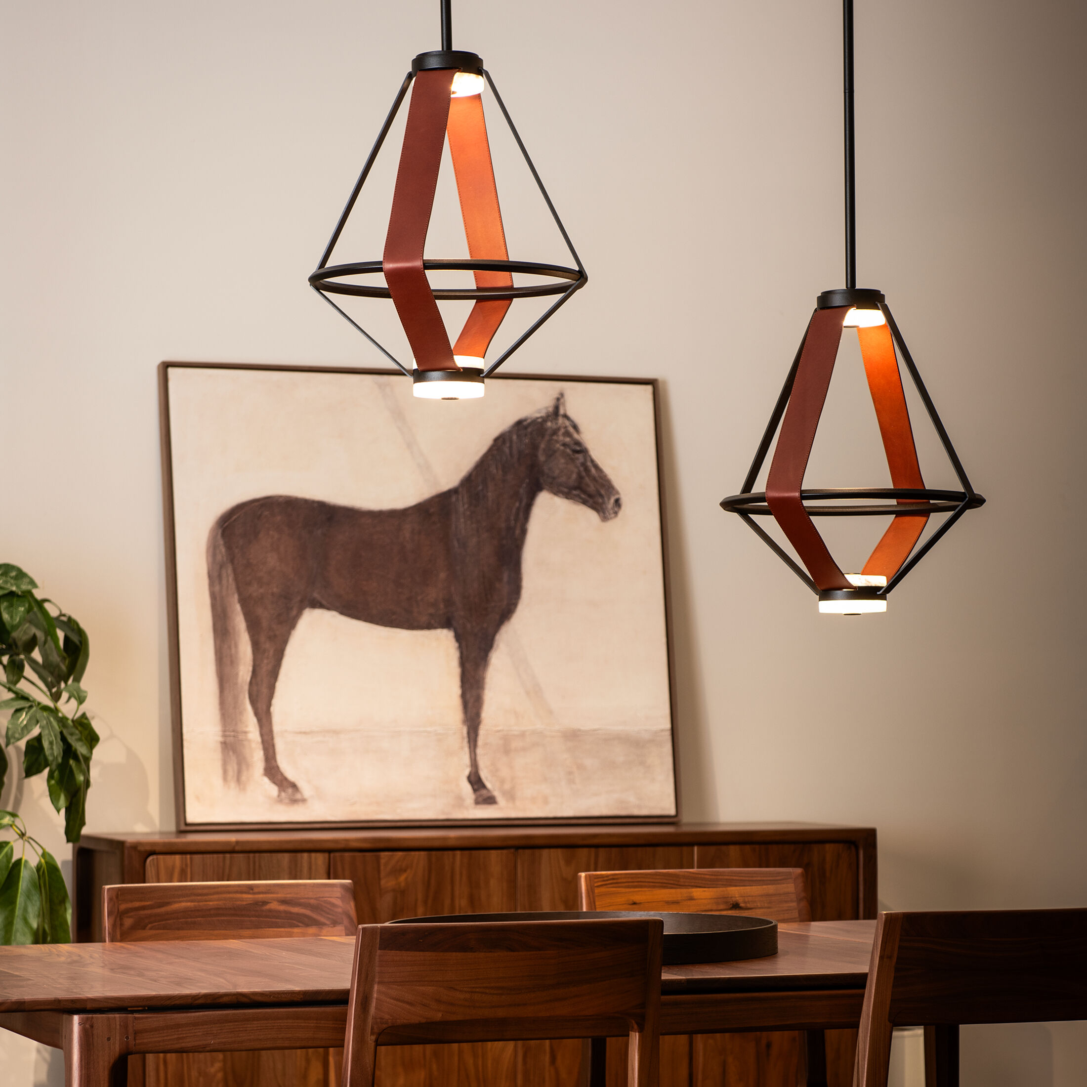 Art & Alchemy Aspen LED 16.6 inch Black Pendant Ceiling Light in Chestnut Leather with Alabaster