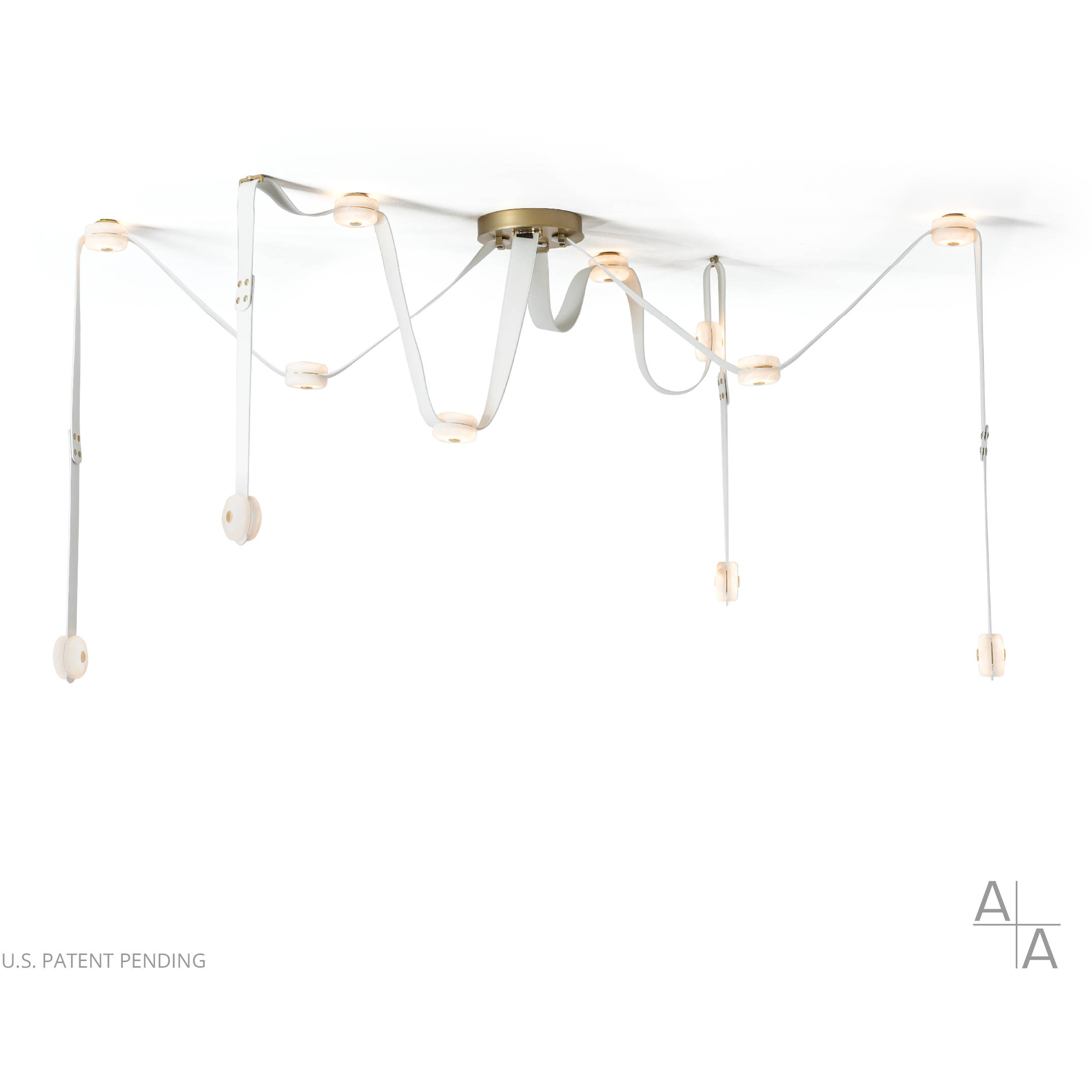 Art & Alchemy SNAPS LED 86.5 inch Modern Brass Pendant Ceiling Light in White Leather with Alabaster, Large